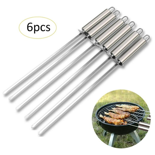Flat Barbecue Stick BBQ Roasting Skewers Wooden Handle Reusable Stainless Steel